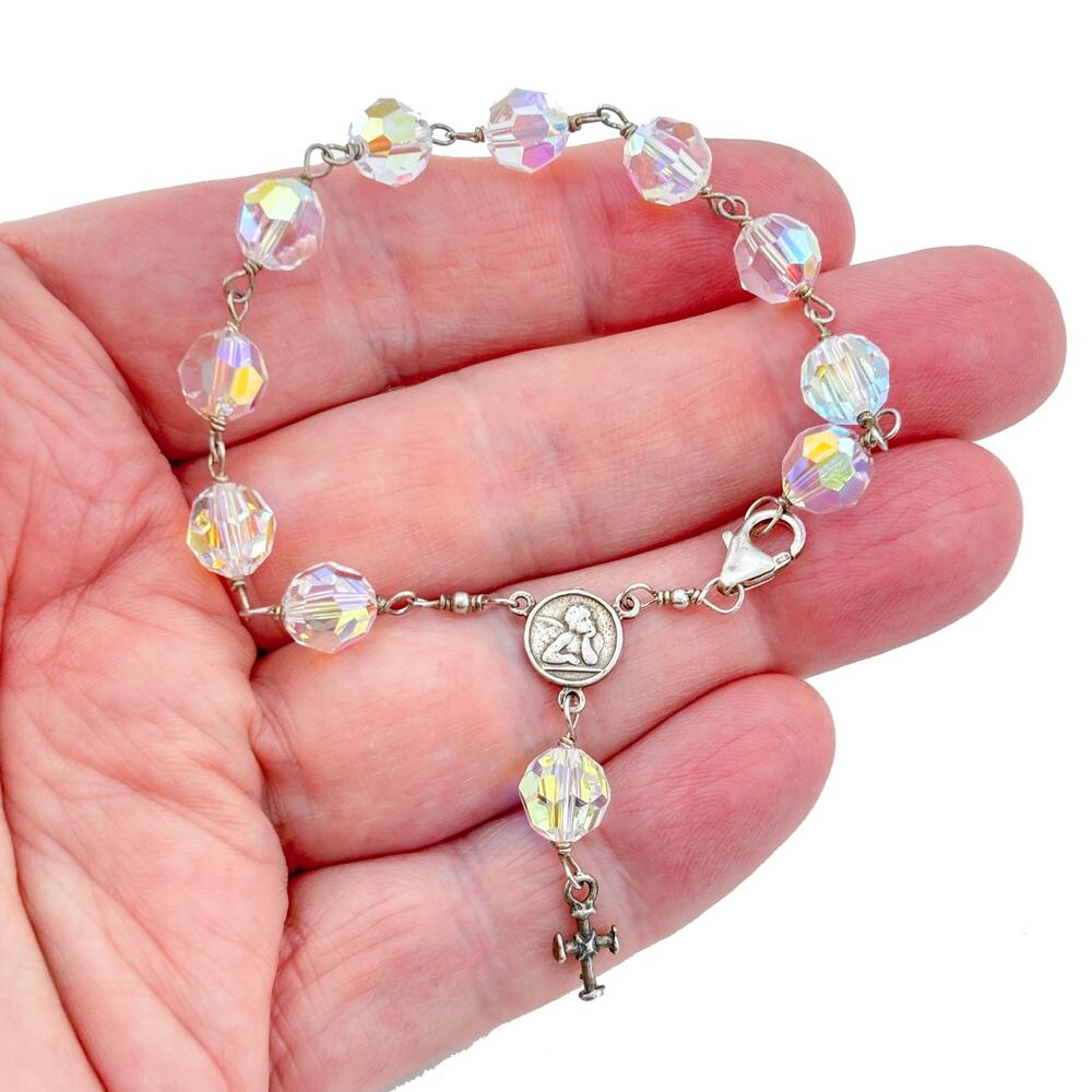 Vintage Sterling Silver 925 Aurora Borealis AB Rosary Bracelet 7.25"